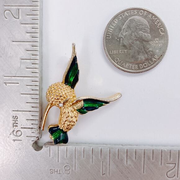 VTG Enamel Hummingbird Brooch Mid Century 60s Rhinestone Figural Gold Tone Pin - Picture 11 of 11